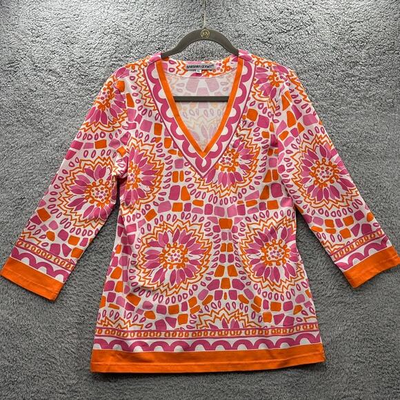 Barbara Gerwit Women's XL Colorful V-Neck Top Orange Pink Fun Bright Vacation - Picture 1 of 7